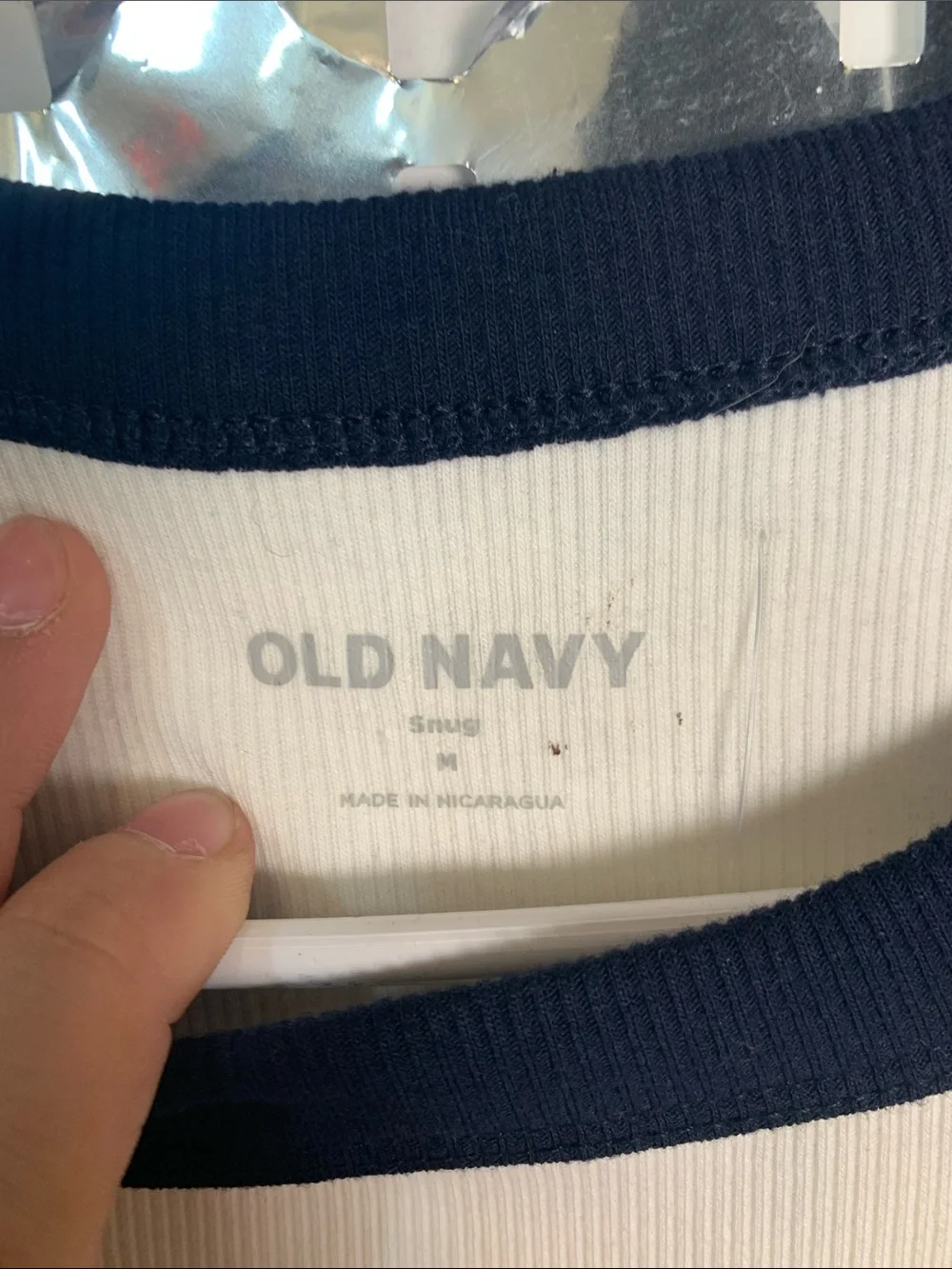 Old Navy White Tee with Navy Raglan Sleeves and Neck Trim